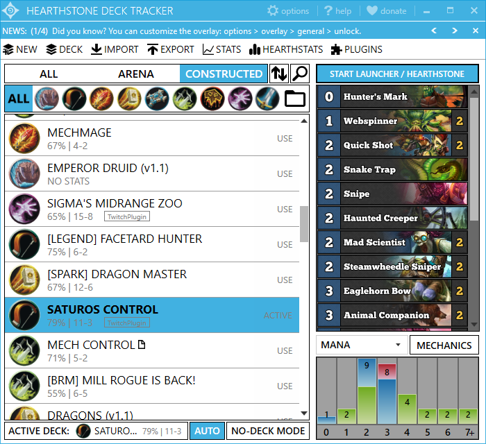 Hearthstone Deck Tracker main application window with deck list